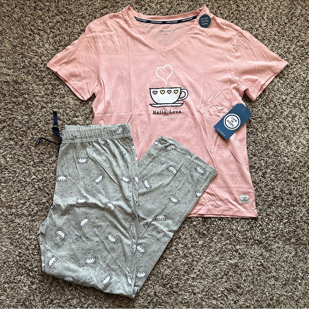Life Is Good 2 Piece Pajama Sleep Set Women’s Large Hello Love Coffee Mug NWT